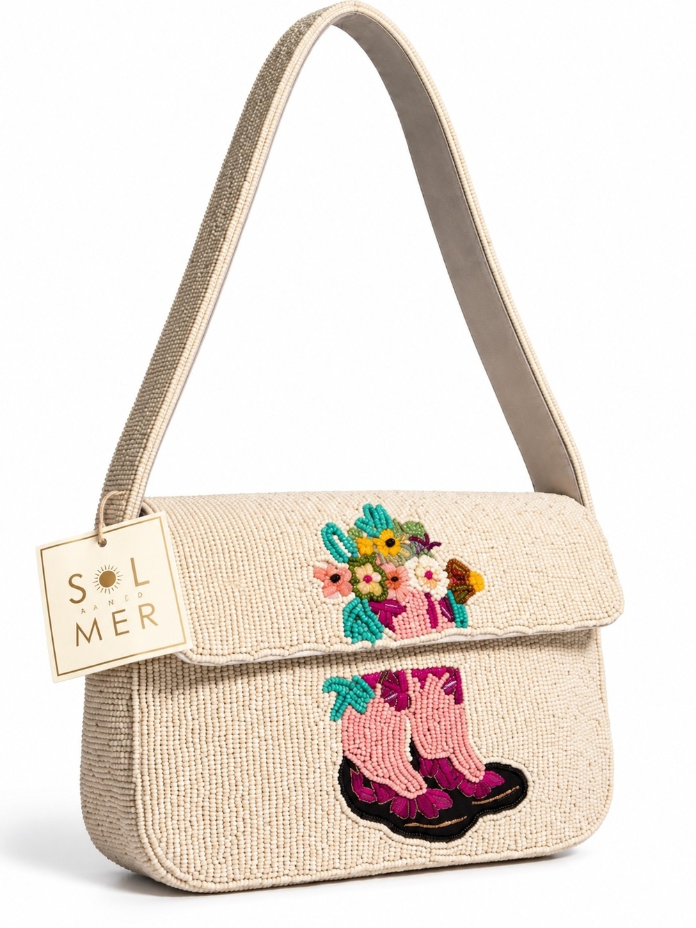 Sol & Mer Beaded Cowboy Boot Floral Western Shoulder Bag NWT